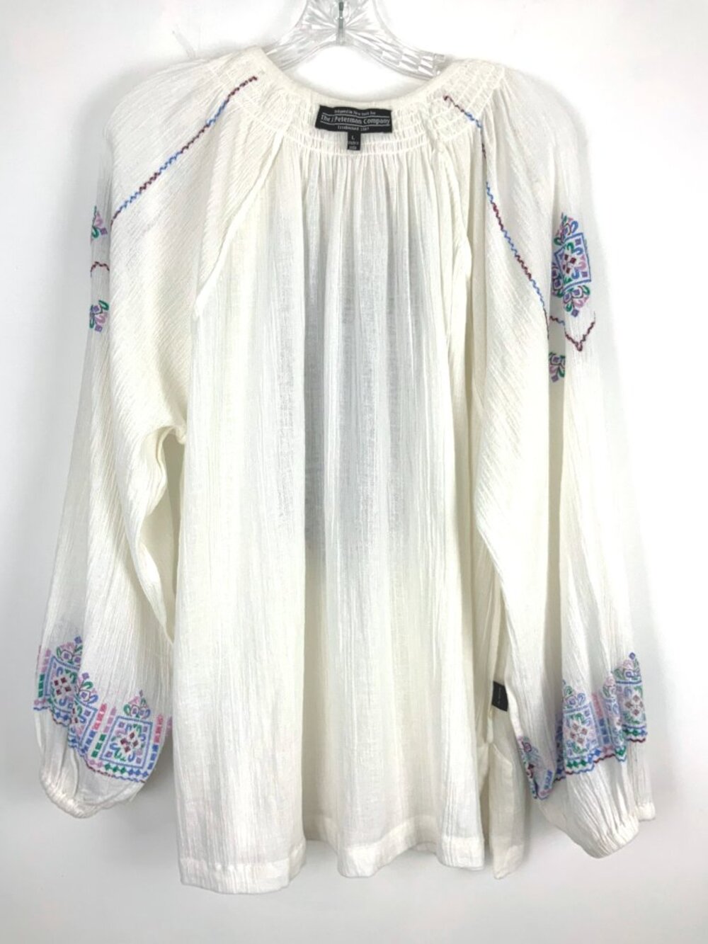 J Peterman Embroidered Cotton Peasant Blouse White Boho Tassel Split Neck Sz L - Picture 11 of 16